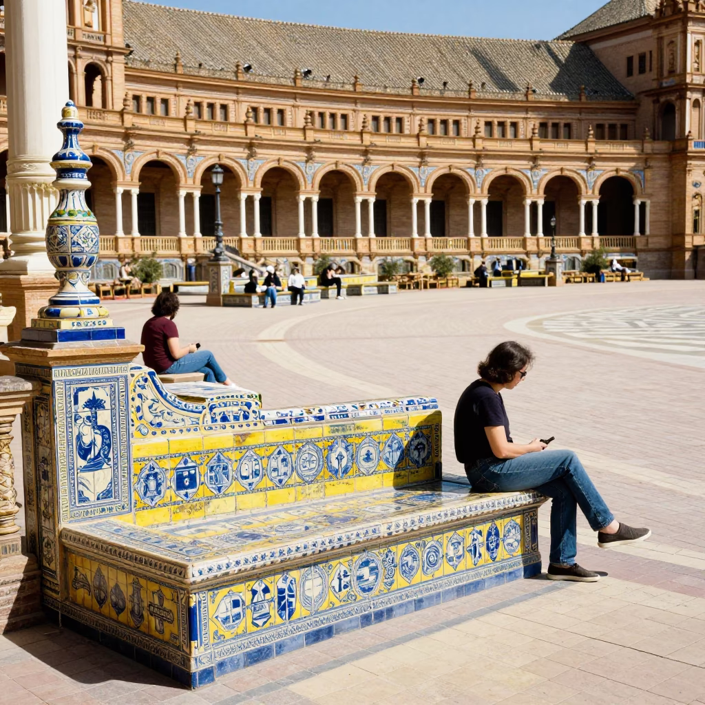 Ceramic Benches in Seville at Midday Light in in Seville, Spain