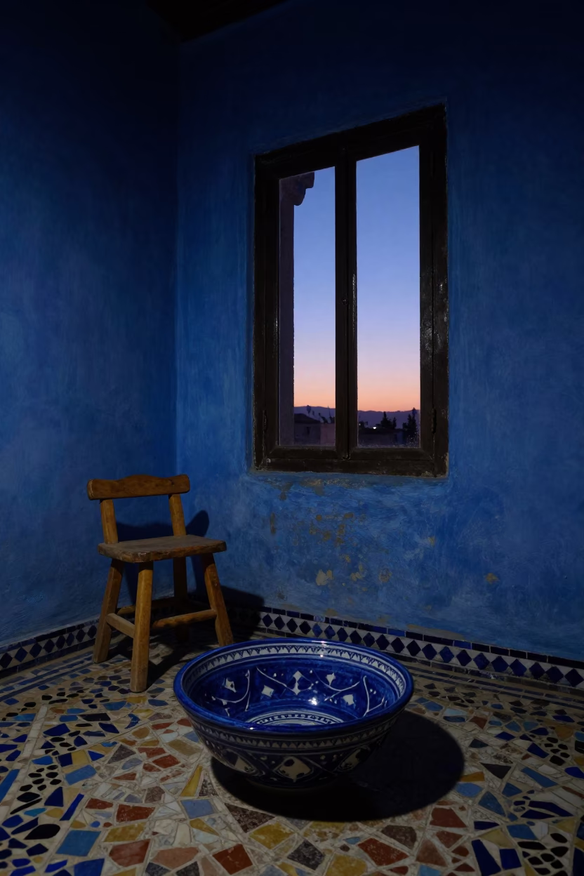 Ceramic Bowl in Fez at Indigo Twilight After Sunset in in Fez, Morocco