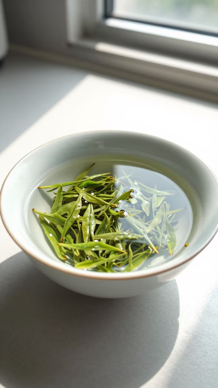 Ceramic Bowl of Japanese Sencha on Delhi Worktop in on a kitchen worktop in Jama Masjid, Delhi
