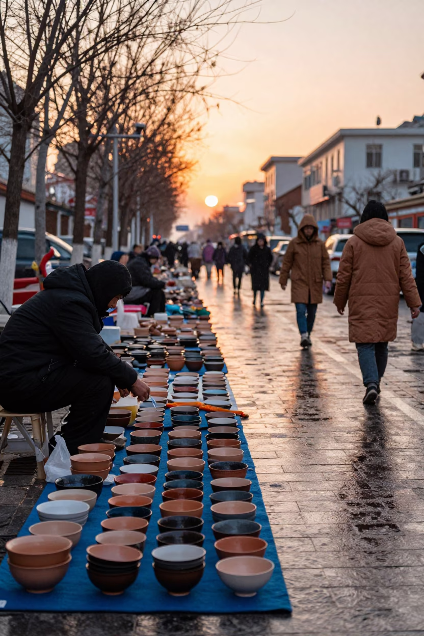 Ceramic Bowls on Blanket in Changchun Flea Market Rain in in a flea market lane in Changchun