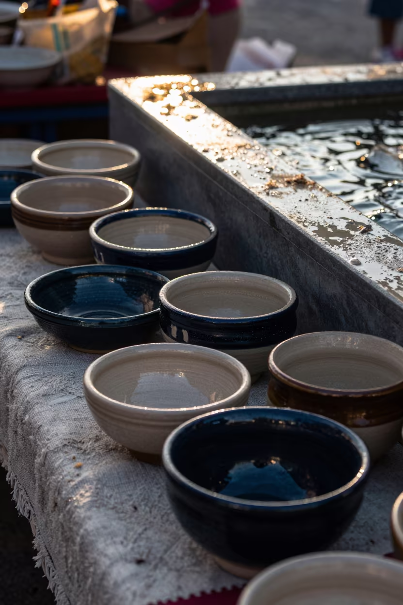Ceramic Bowls at Guadalajara Fish Market Sunrise in beside a fish counter in Guadalajara