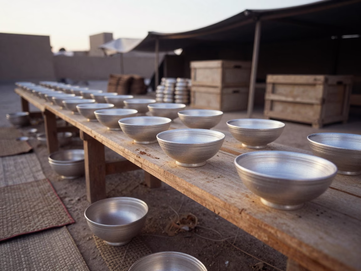 Ceramic Bowls on Kandahar Auction Bench at Dawn in at a flower auction bench in Kandahar