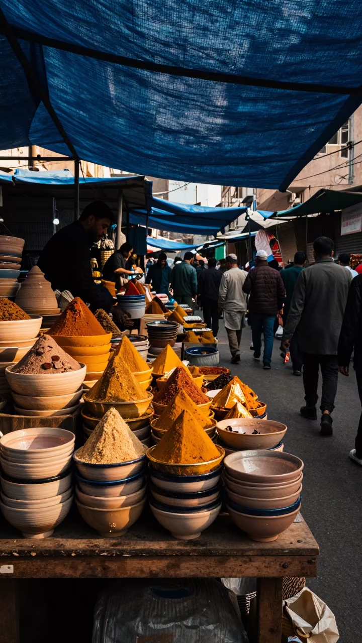 Ceramic Bowls at Lahore Spice Market in at a spice vendor's table in Lahore