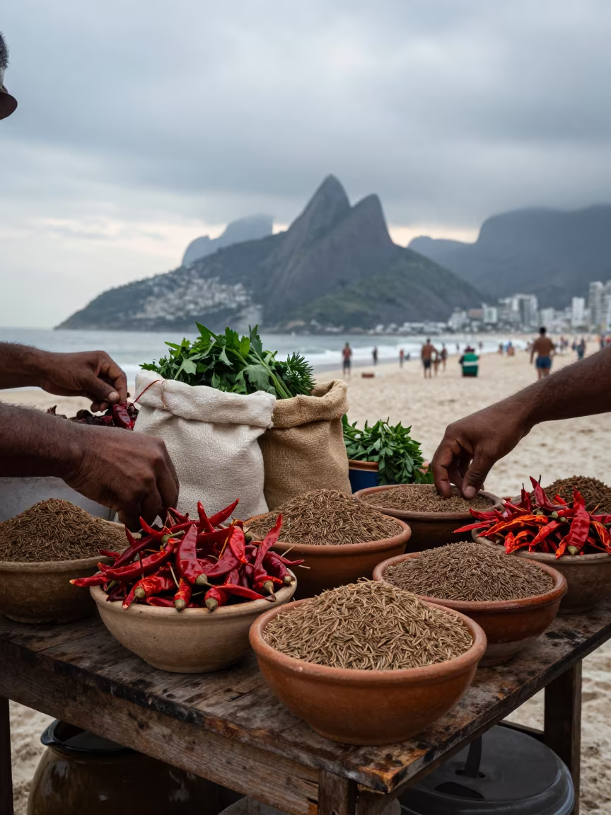 Ceramic Bowls and Spices at Ipanema Dawn Market in at a spice vendor's table in Ipanema, Rio de Janeiro