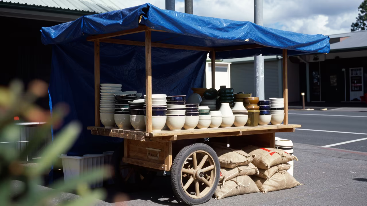 Ceramic Bowls Under Tarp at Collingwood Market in at a roadside fruit stand in Collingwood, Melbourne