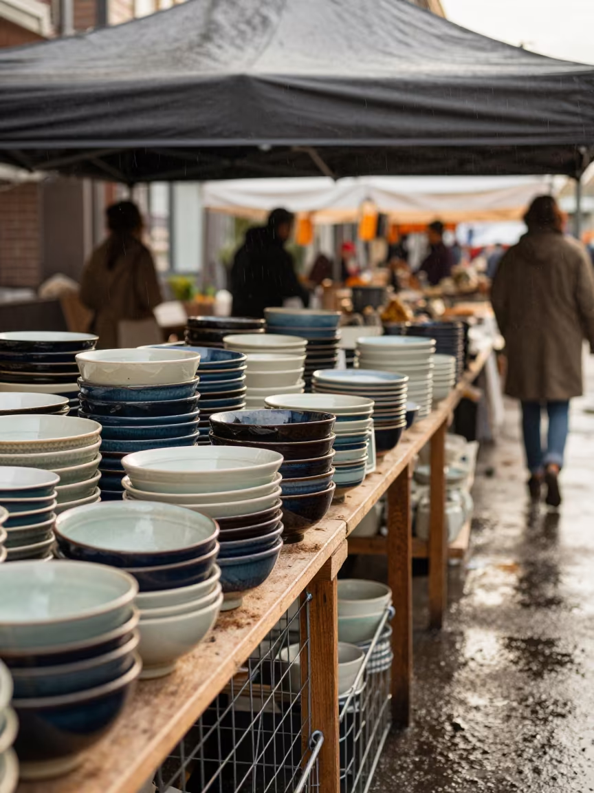 Ceramic Bowls Under Tarpaulin in San Francisco Market in at a textile trader's stall in San Francisco