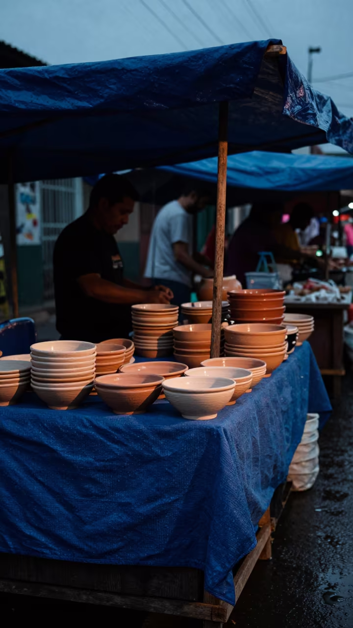 Ceramic Bowls Under Tarp at Evening Market in at a market stall in Barquisimeto