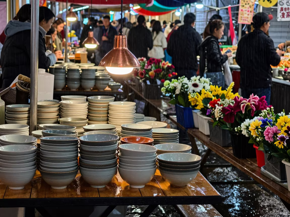 Ceramic Bowls Wet Market Table Hong Kong in at a flower auction bench in Kennedy Town, Hong Kong
