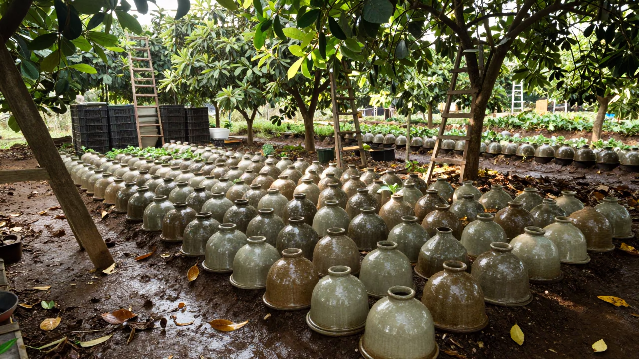 Ceramic Cloches Shield Seedlings in Cameroonian Orchard in among orchard ladders and crates in Cameroon