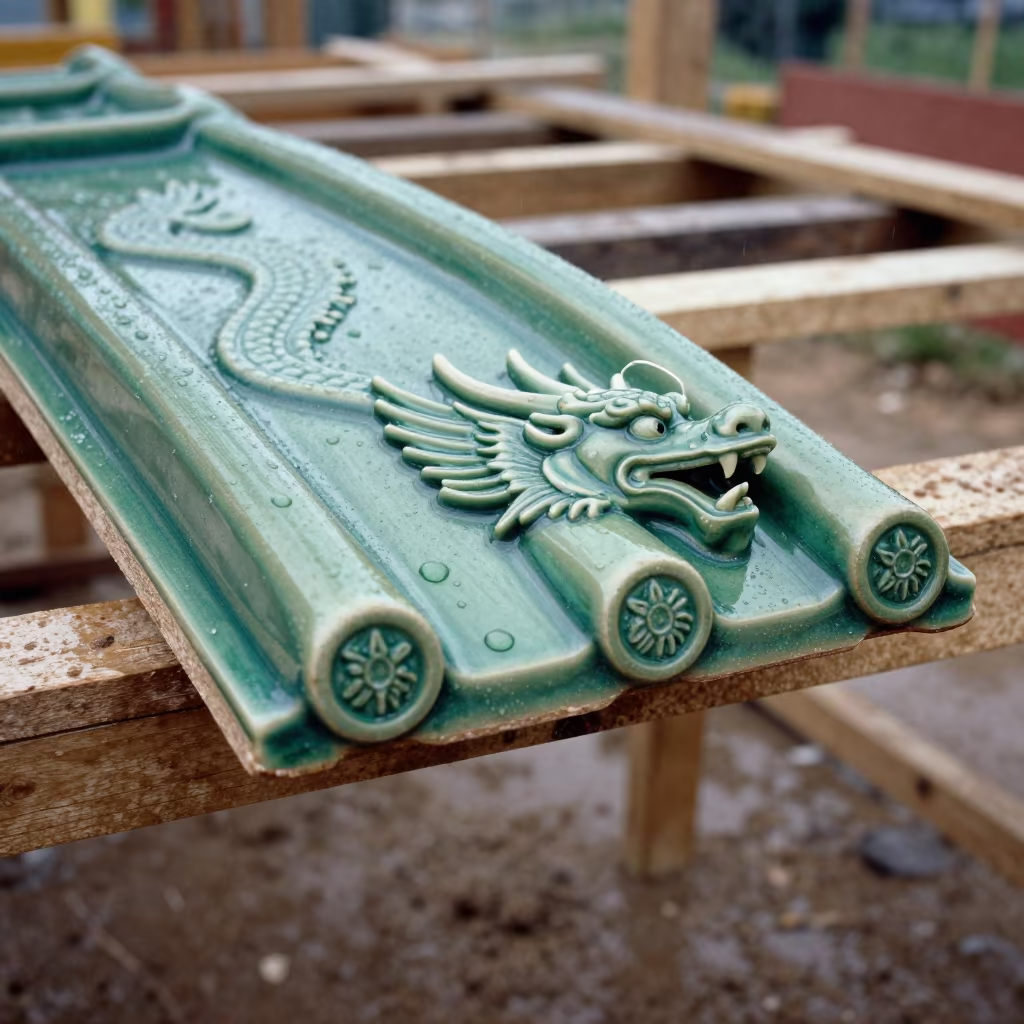 Ceramic Dragon Roof Tile on Construction Scaffold in at a muddy site access road in Uruguay
