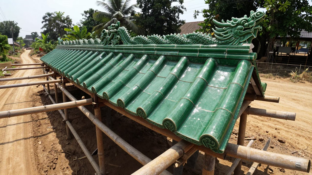 Ceramic Dragon Roof Tile on Temple Scaffold in at a muddy site access road in Hpa-An