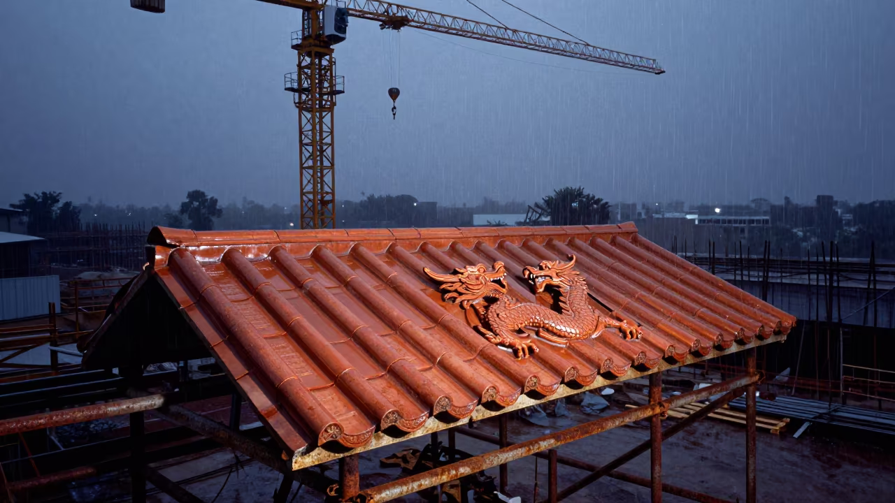 Ceramic Dragon Tile on Scaffold Under Predawn Sky in beneath a tower crane on open ground in Bahia