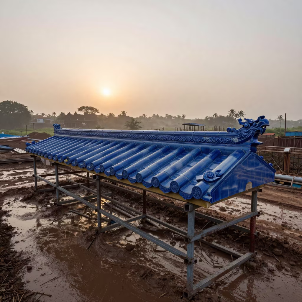 Ceramic Dragon Tile on Scaffolding at Cotonou Dawn in at a muddy site access road in Cotonou