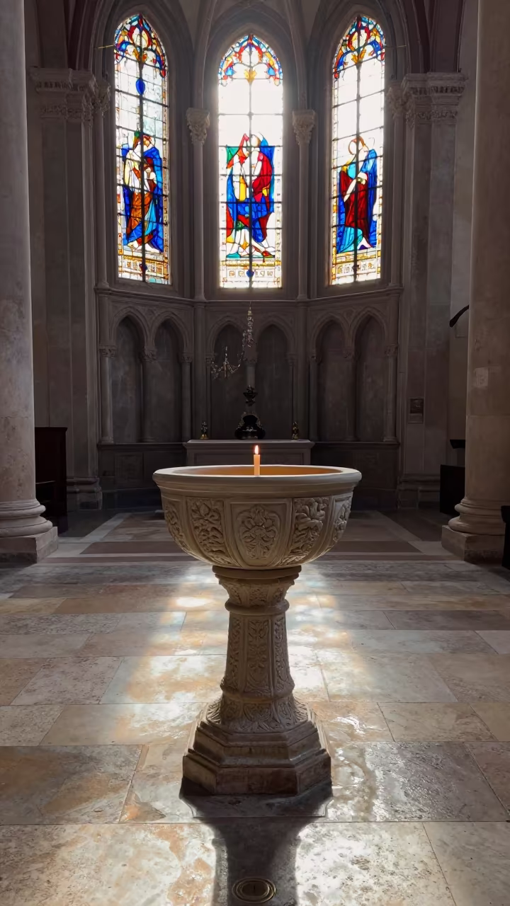 Ceramic Font in Candlelit Ferrara Abbey in inside a candlelit abbey nave in Ferrara