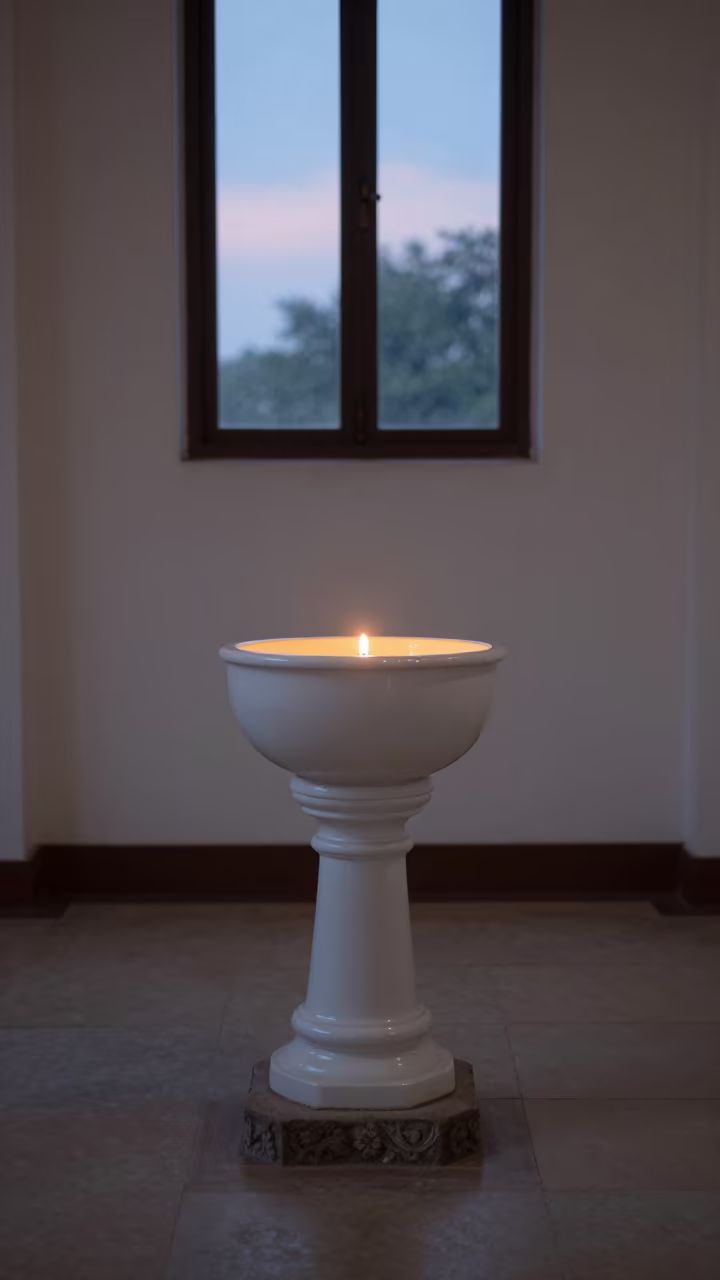 Ceramic Font in Kanpur Cloister Monsoon Light in inside a quiet cloister passage in Kanpur