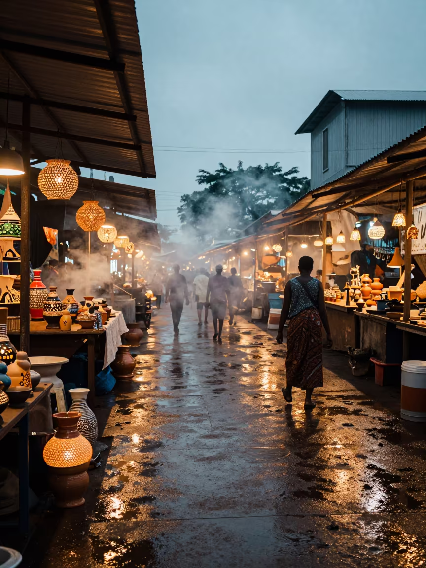 Ceramic Lamps in Brazzaville Market Dusk in under a market canopy in Brazzaville