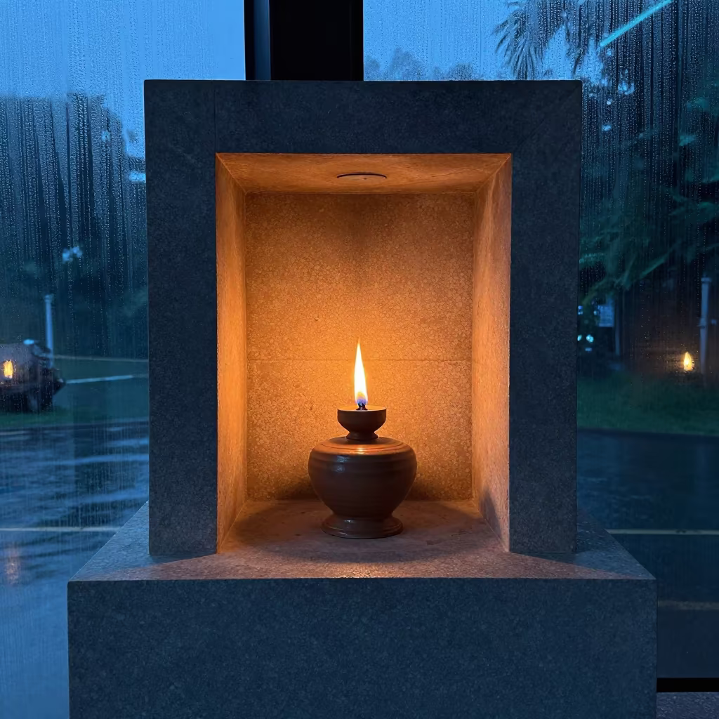Ceramic Oil Lamp Lit in Stone Niche Krabi Twilight in on a museum plinth in Krabi