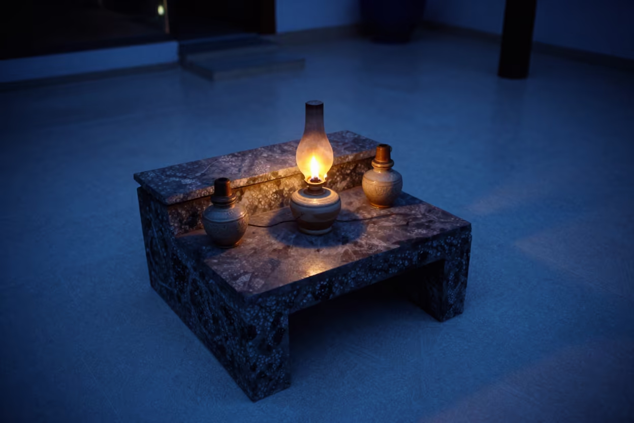 Ceramic Oil Lamp Lit in Stone Niche Twilight in on a writing desk in Lombok