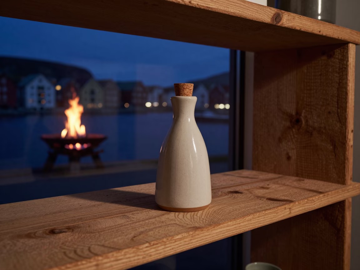 Ceramic Olive Oil Cruet on Trondheim Workshop Shelf in on a workshop shelf in Trondheim