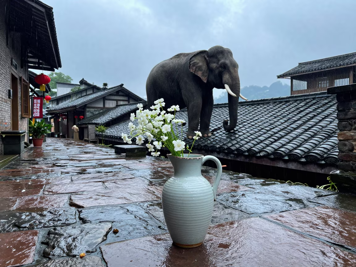 Ceramic Pitcher with Flowers Under Rain Near Chongqing in in a village lane near Chongqing