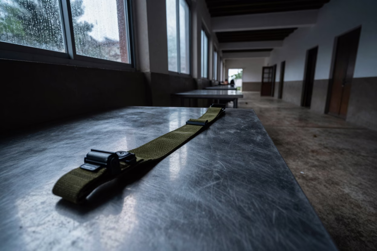 Ceramic Rifle Sling Tin in Neon Barracks Corridor in inside a barracks corridor in Aguascalientes