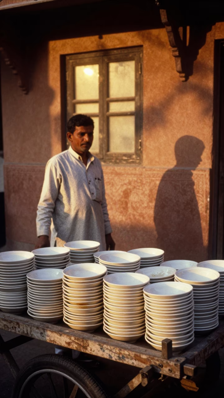 Ceramic Saucers in Jaipur at Honeyed Evening Light in in Jaipur, India