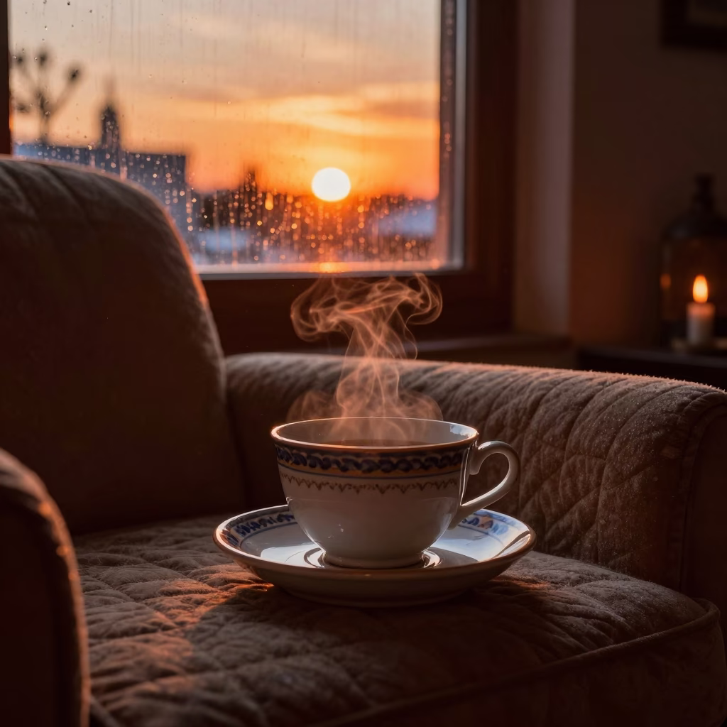 Ceramic Tea on Quilted Chair in Amber Winter Light in in a candlelit bedroom near Asuncion