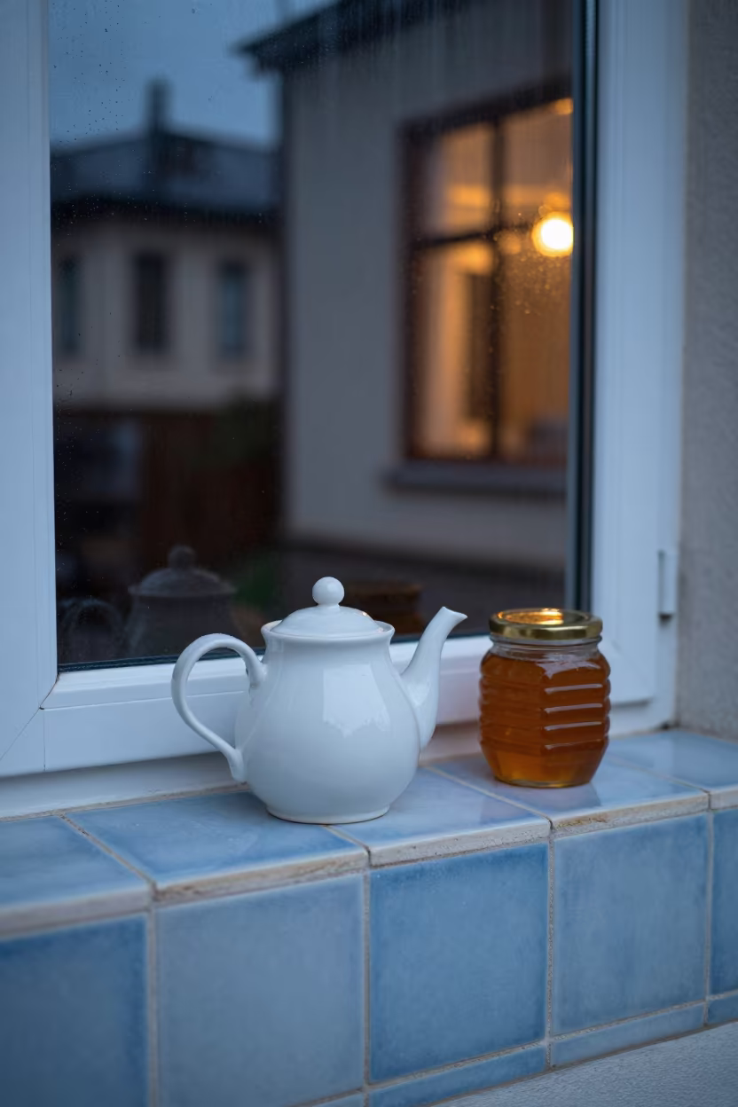 Ceramic Teapot and Honey Jar on Bursa Window Seat in on a window seat in Bursa