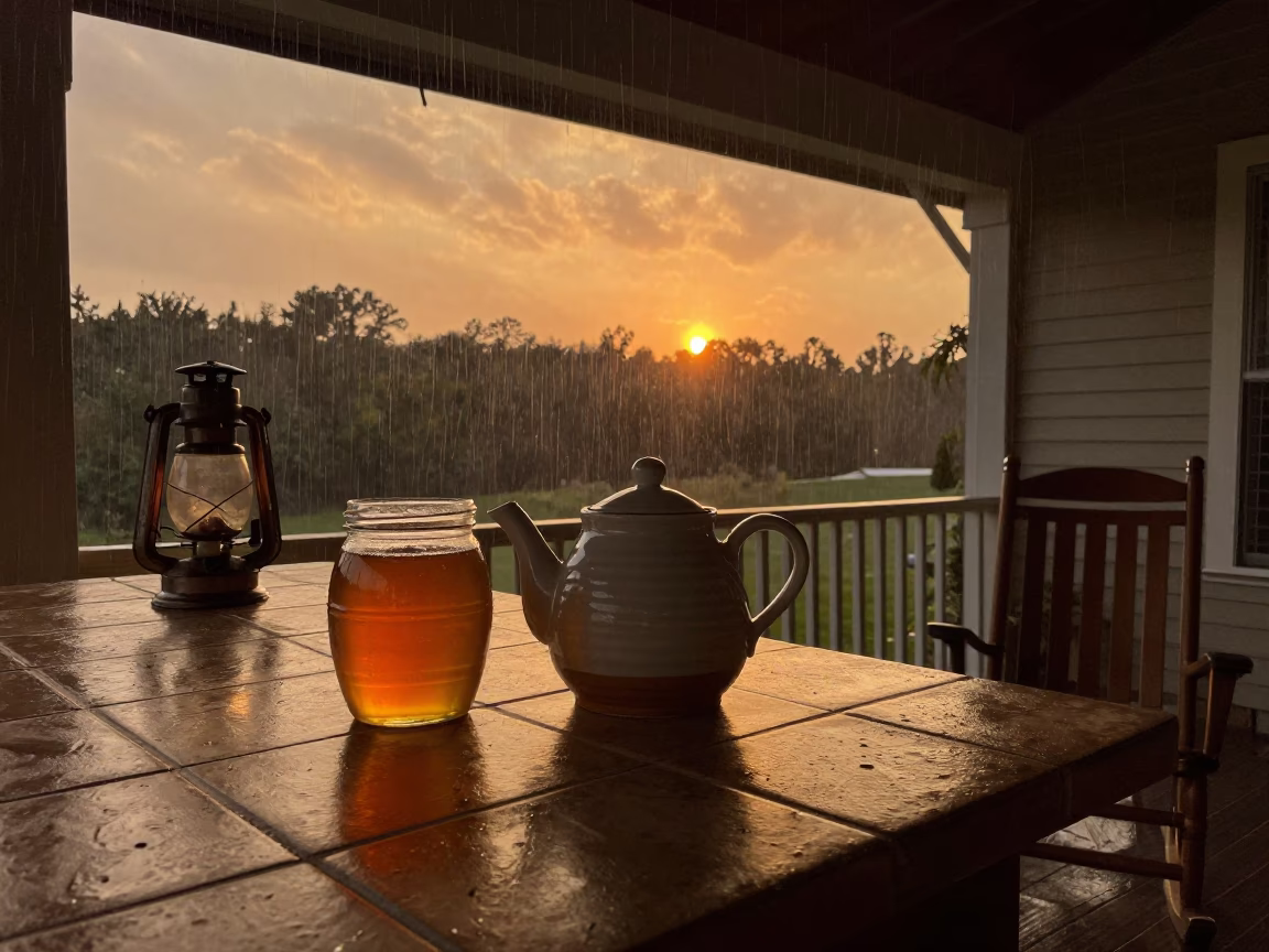 Ceramic Teapot Honey Jar Porch Evening in on a porch with a rocking chair in Bethlehem