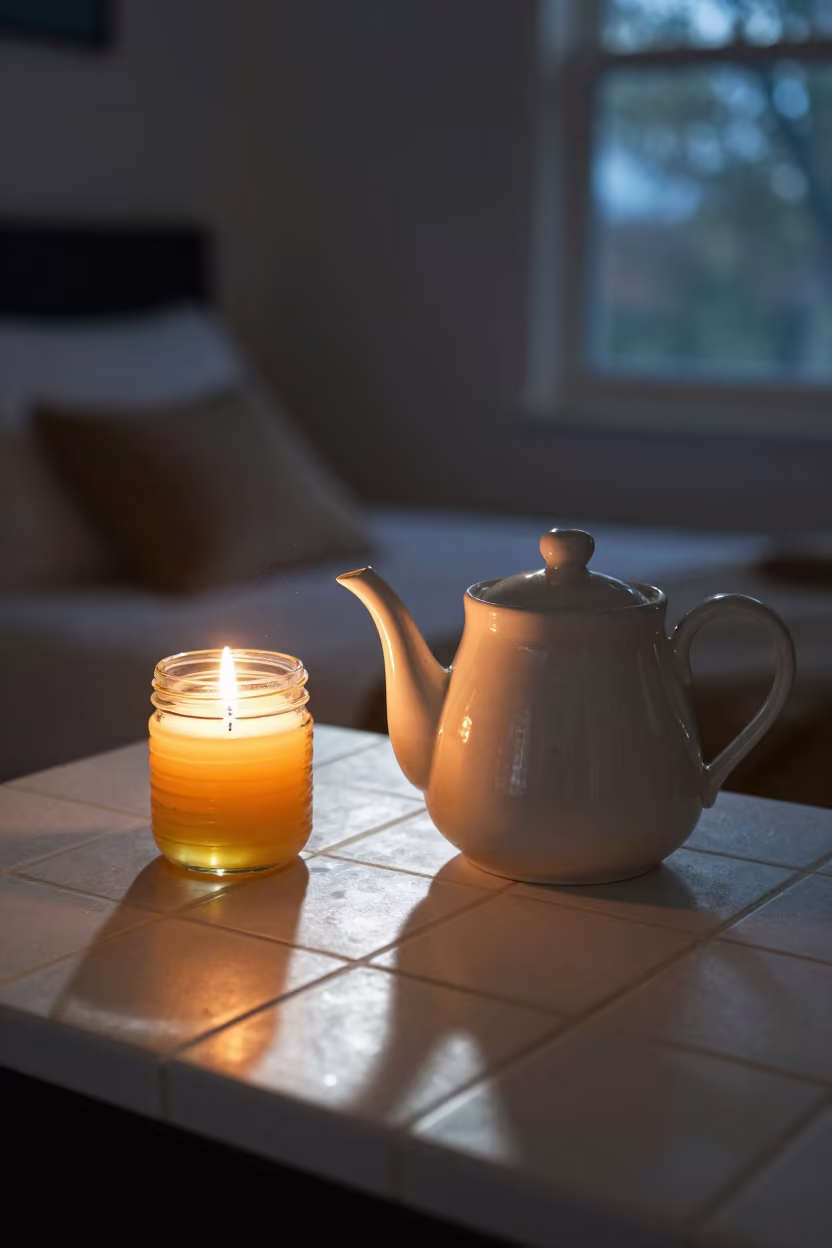 Ceramic Teapot and Honey Jar on Tiled Counter in in a candlelit bedroom in Brisbane