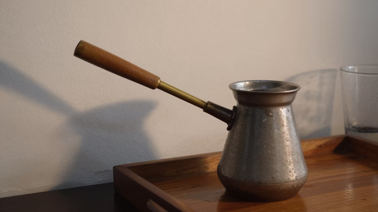 Ceramic Turkish Coffee Pot Brass Handle in on a tea house tray in Surabaya