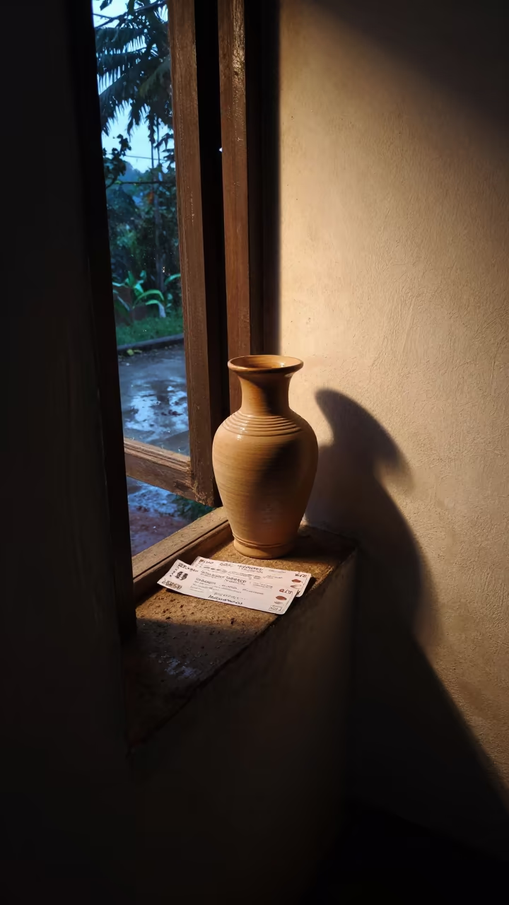 Ceramic Vase and Tickets on Dusty Jalapa Ledge in on a painted display ledge near Jalapa