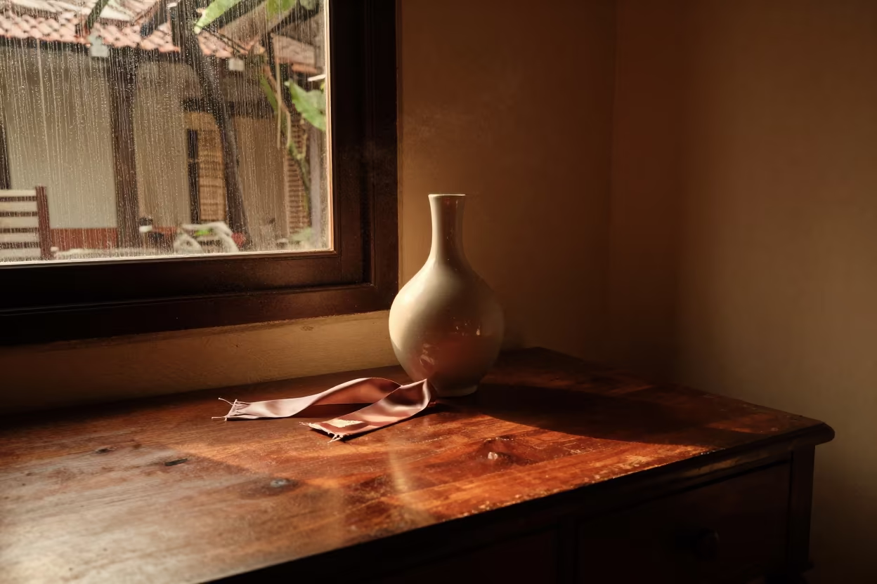Ceramic Vase and Silk Ribbon on Hotel Desk in on a hotel dresser in Yangon