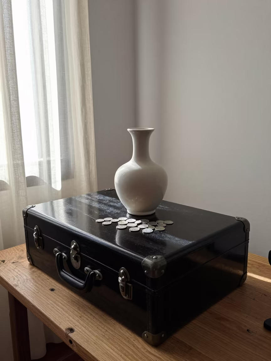Ceramic Vase and Silver Coins on Casablanca Trunk in on a wooden workbench in Casablanca