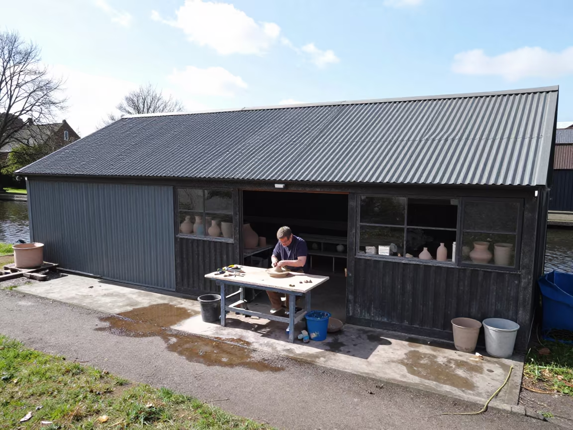 Ceramicist in Belfast Workshop After Rain in beside a canal in Belfast