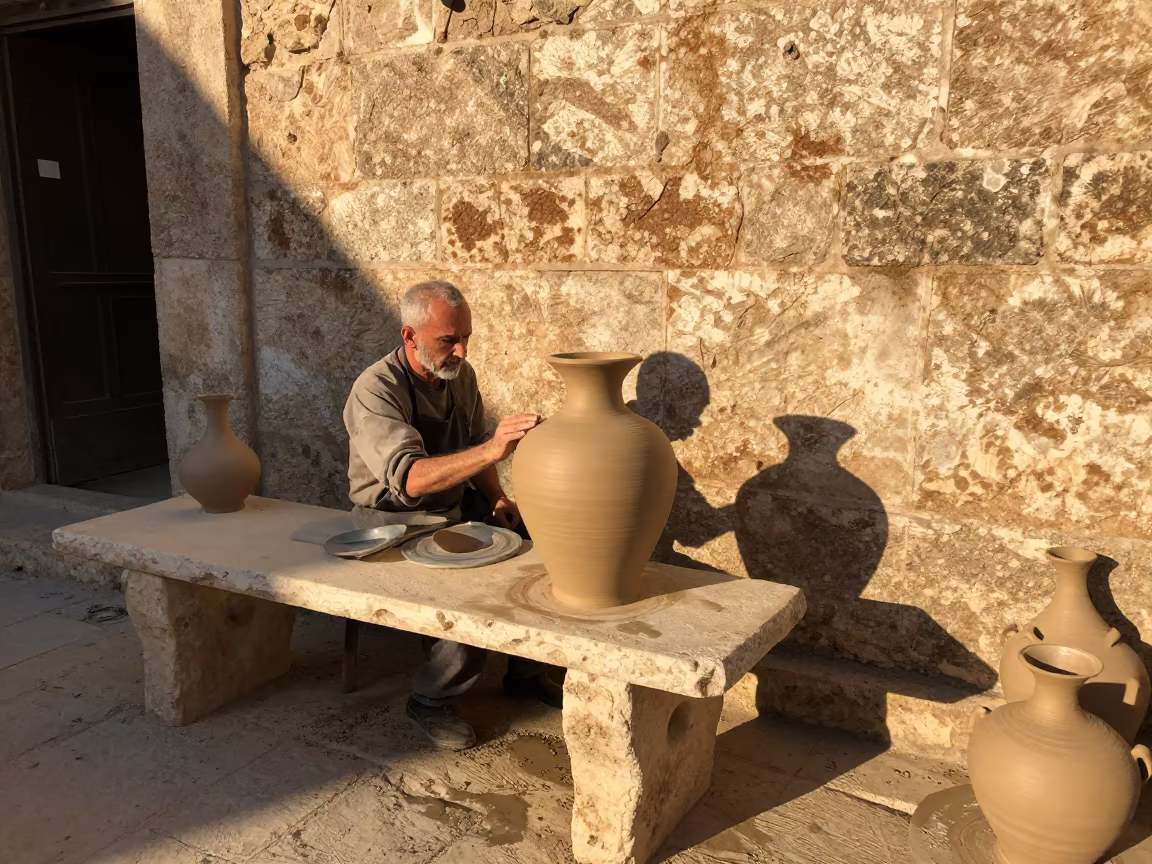 Ceramicist Checking Detail at Amasya Market Bench in along a market lane in Amasya