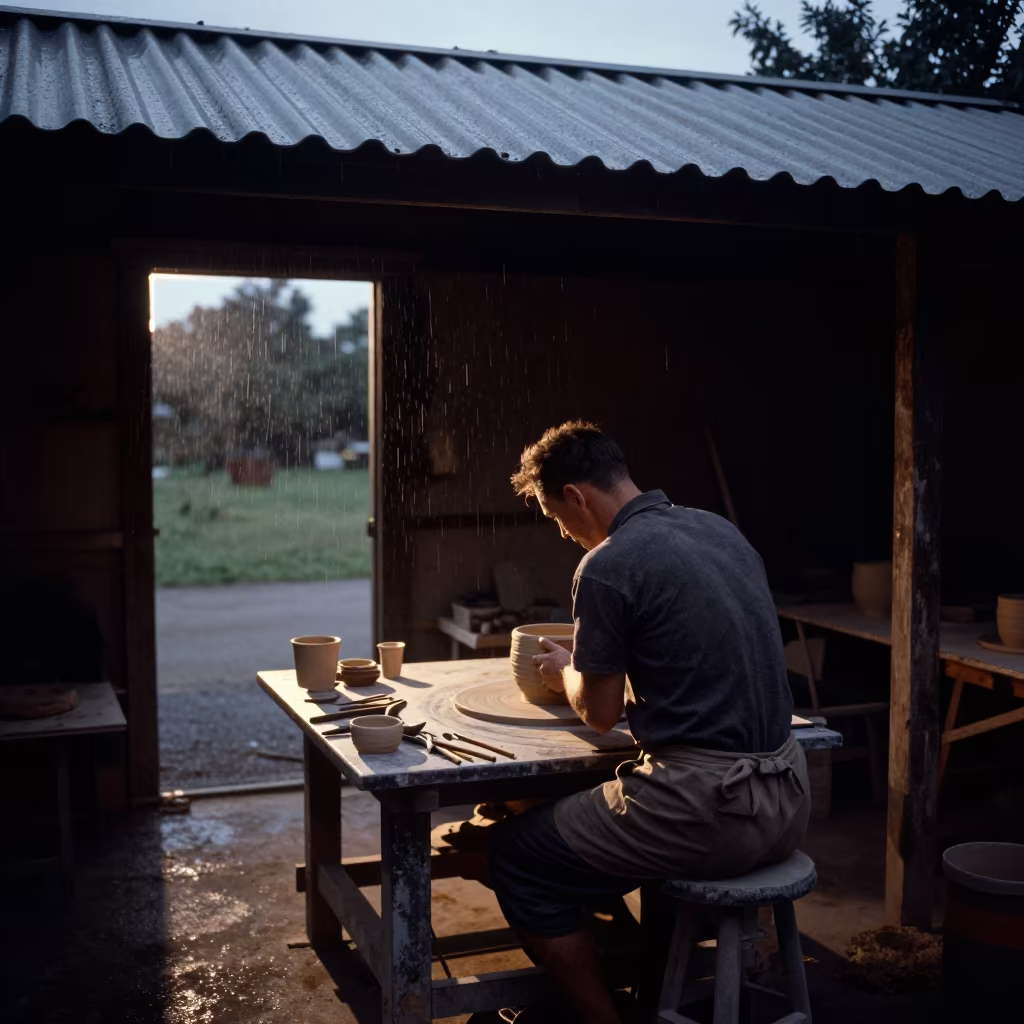 Ceramicist Checking Detail in Monsoon Workshop in near Victoria