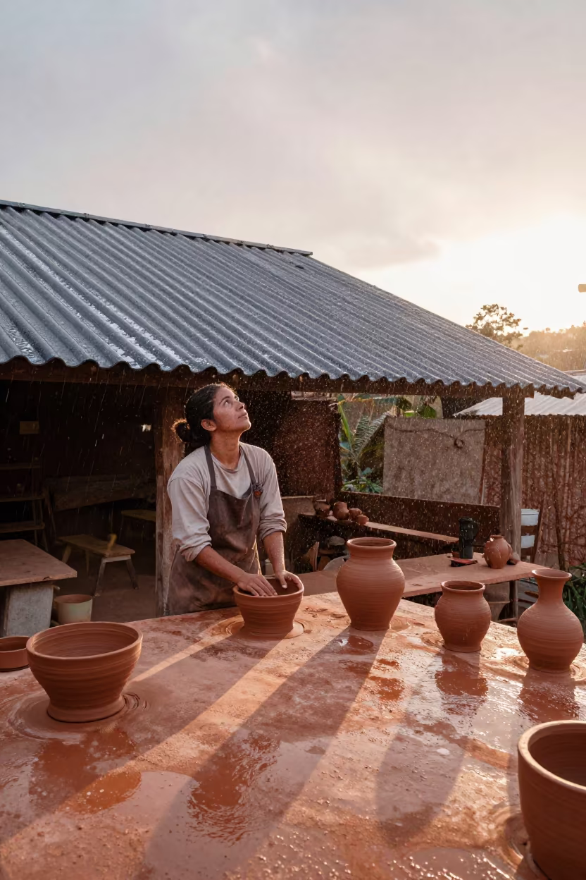 Ceramicist Gazing at Tin Roof After Rain in Barinas in in Barinas