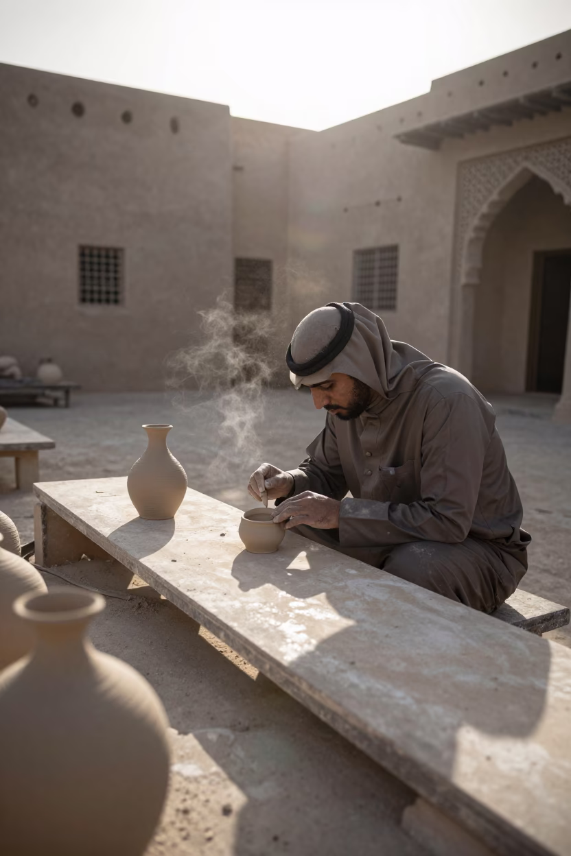 Ceramicist Inspects Detail at Ras al-Khaimah Bench in in Ras al-Khaimah