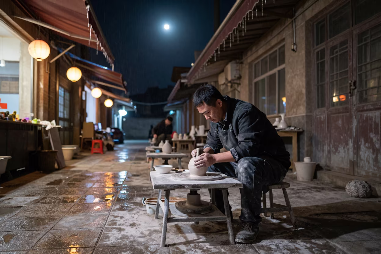 Ceramicist at Midnight Market Lane in Moonlight in near Changchun