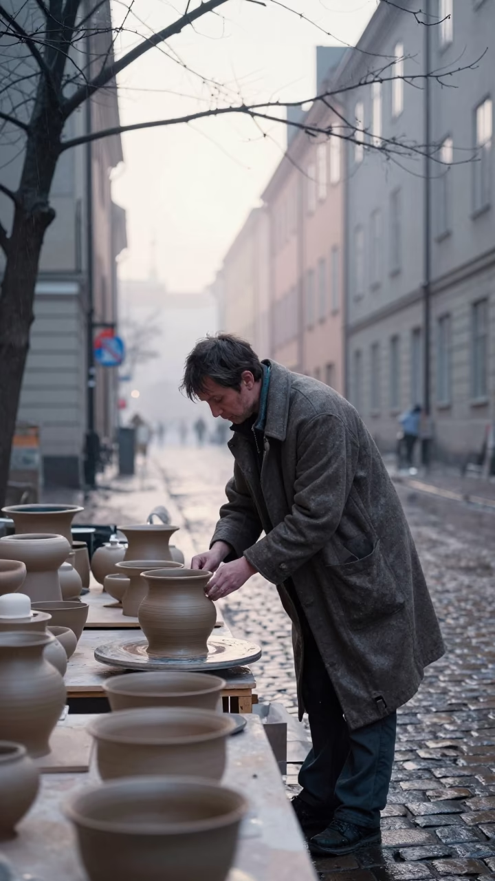 Ceramicist in Misty Dawn Light Norrmalm in in Norrmalm, Stockholm