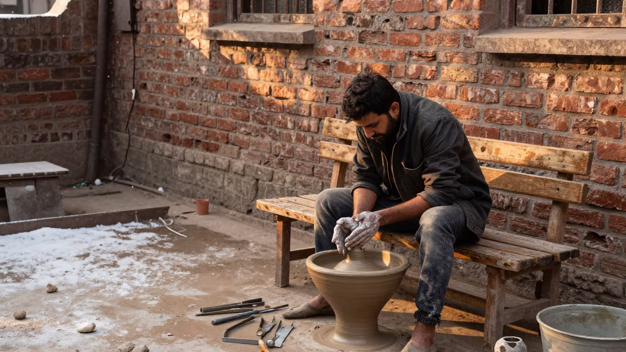 Ceramicist Resting After Rain in Prayagraj Courtyard in near Prayagraj