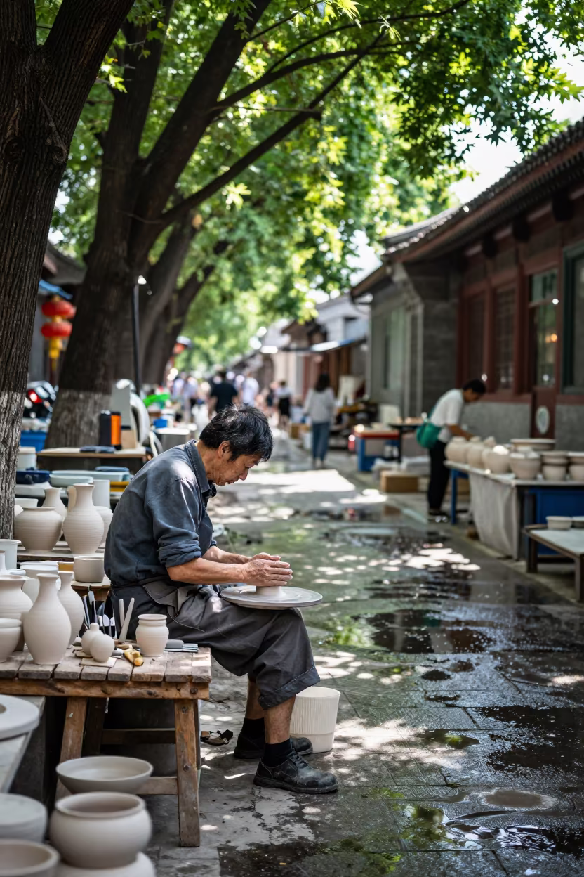 Ceramicist Resting Hands at Beijing Market Bench in along a market lane in Wangfujing, Beijing