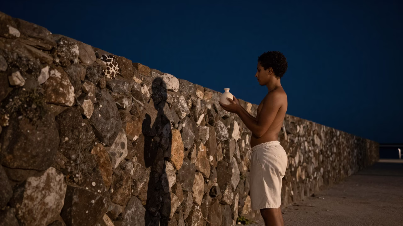 Ceramicist at Salvador Harbor Wall Night in at a roadside stop near Salvador