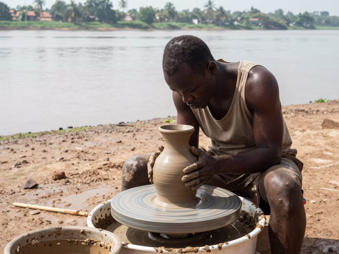 Ceramicist Shapes Tall Vase on Douala Riverside in near a riverside landing in Douala