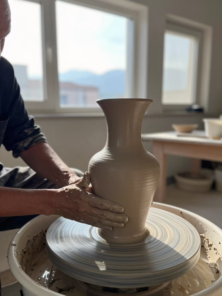 Ceramicist Shapes Tall Vase in Gölcük Workshop in in Gölcük