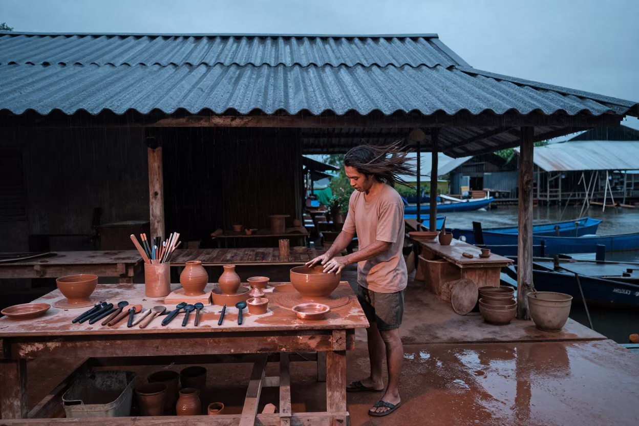 Ceramicist in Siem Reap Harbor Workshop in at a harbor edge in Siem Reap