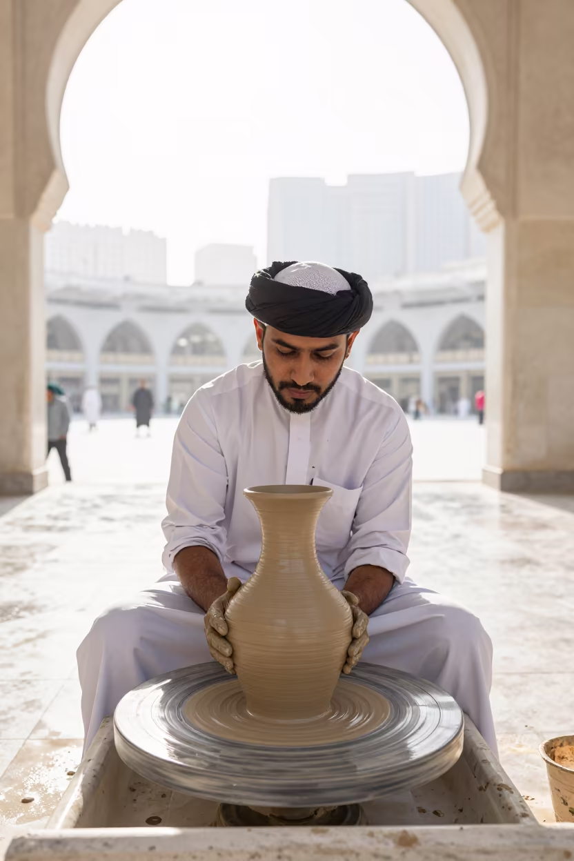 Ceramicist Throwing Tall Vase Wheel Mecca in at a public square in Mecca