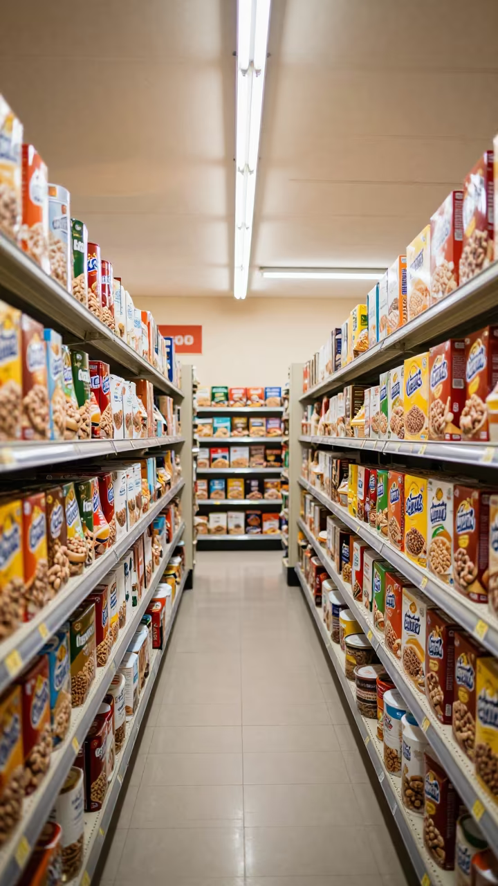 Cereal Aisle Under Fluorescent Light in Urumqi in along a grocery aisle under flat fluorescent light in Urumqi