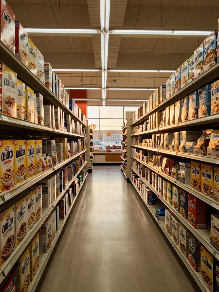 Cereal Aisle Golden Hour Light Gualeguaychú in inside a bright retail aisle in Gualeguaychú
